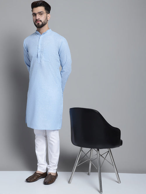 Men's Solid Pure Cotton Kurta With Pyjamas-JOKP-697Sky