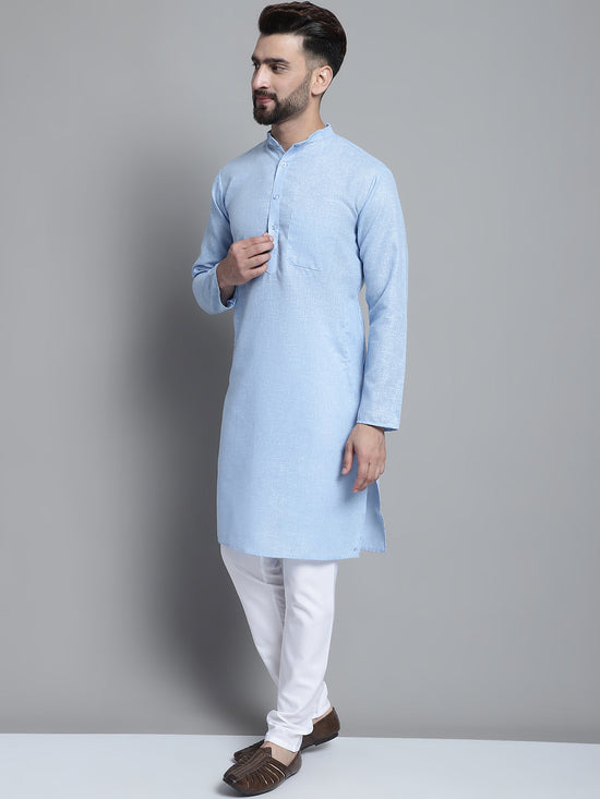 Men's Solid Pure Cotton Kurta With Pyjamas-JOKP-697Sky