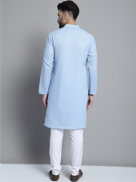 Men's Solid Pure Cotton Kurta With Pyjamas-JOKP-697Sky