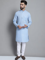 Men's Solid Pure Cotton Kurta With Pyjamas-JOKP-697Sky