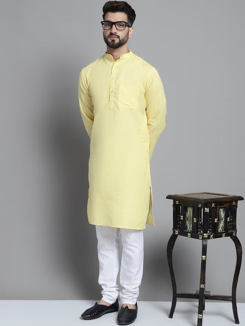 Men's Solid Pure Cotton Kurta With Pyjamas-JOKP-697Yellow