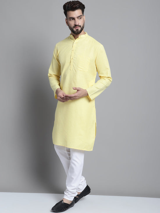 Men's Solid Pure Cotton Kurta With Pyjamas-JOKP-697Yellow