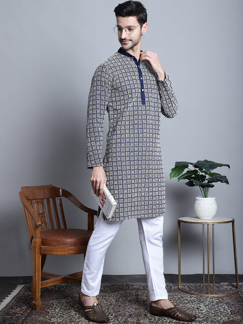 Men's Navy Blue Embroidered Kurta with Pyjama.-JOKP-P-699Navy