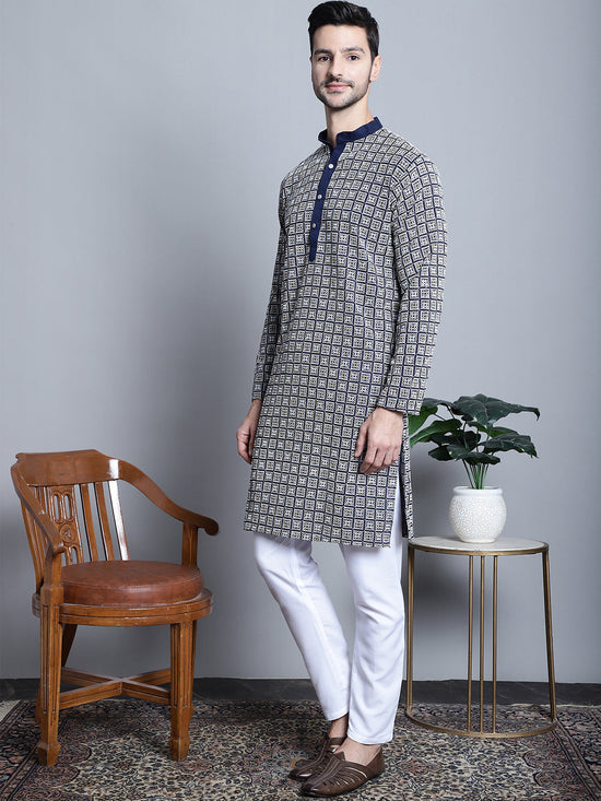 Men's Navy Blue Embroidered Kurta with Pyjama.-JOKP-P-699Navy