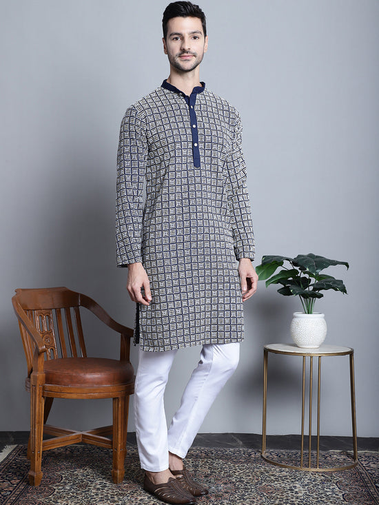 Men's Navy Blue Embroidered Kurta with Pyjama.-JOKP-P-699Navy