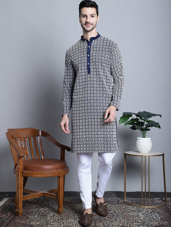 Men's Navy Blue Embroidered Kurta with Pyjama.-JOKP-P-699Navy