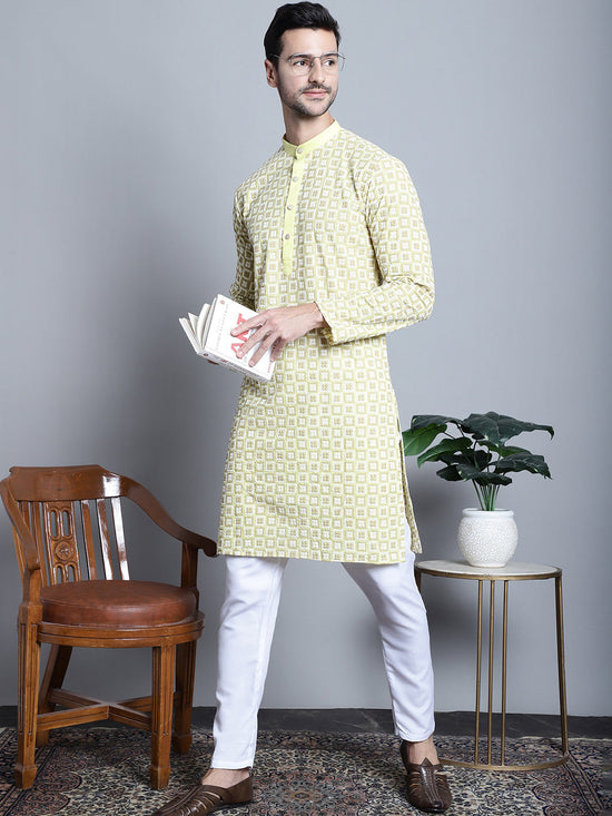 Men's Yellow Embroidered Kurta with Pyjama.-JOKP-P-699Yellow