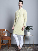 Men's Yellow Embroidered Kurta with Pyjama.-JOKP-P-699Yellow