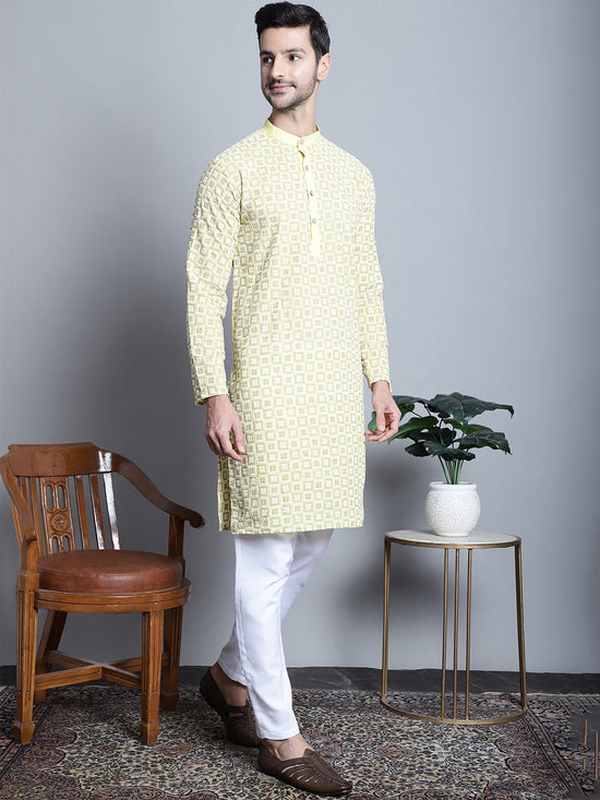 Men's Yellow Embroidered Kurta with Pyjama.-JOKP-P-699Yellow