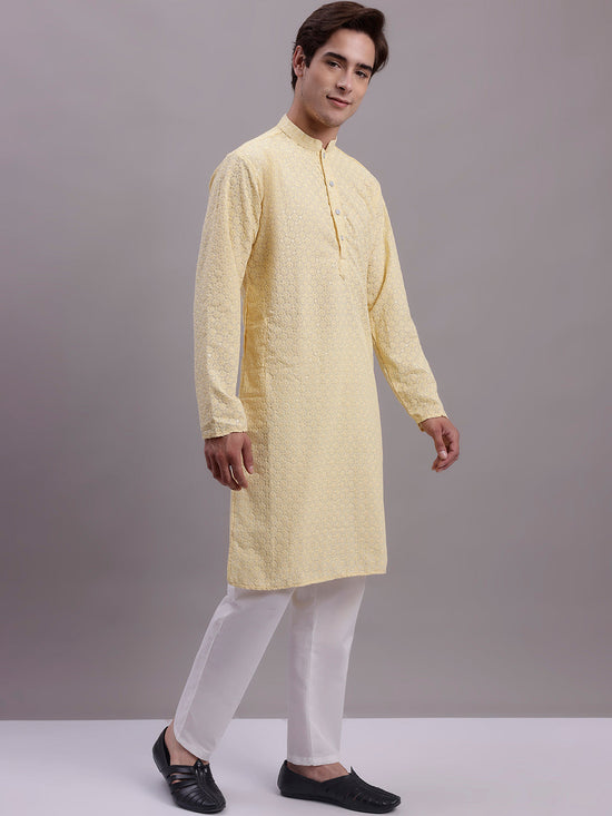 Men's Yellow Chikankari Embroidered and Sequence Kurta with Pyjama.-JOKP-P-5000Yellow