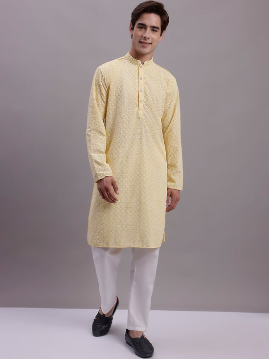 Men's Yellow Chikankari Embroidered and Sequence Kurta with Pyjama.-JOKP-P-5000Yellow