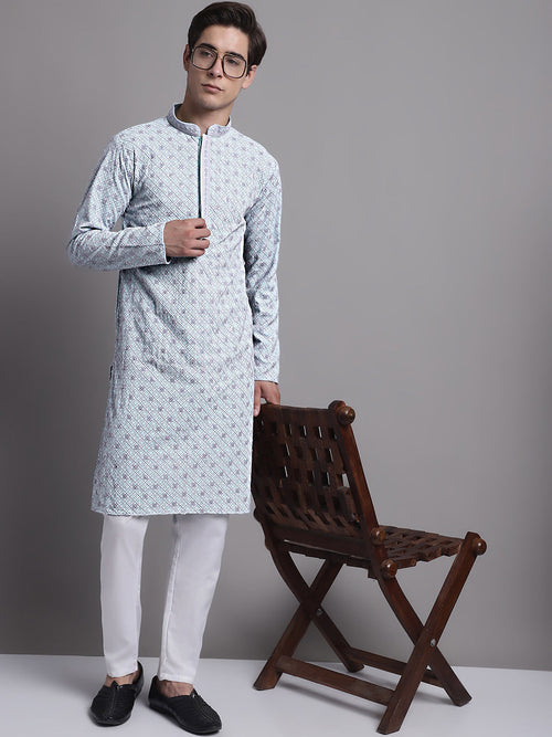 Men's Blue Chikankari Embroidered and Sequence Kurta with Pyjama.-JOKP-P-5001Blue