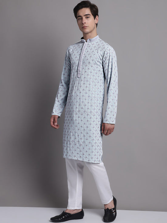 Men's Blue Chikankari Embroidered and Sequence Kurta with Pyjama.-JOKP-P-5001Blue