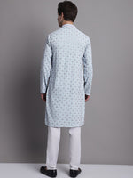 Men's Blue Chikankari Embroidered and Sequence Kurta with Pyjama.-JOKP-P-5001Blue