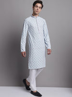 Men's Blue Chikankari Embroidered and Sequence Kurta with Pyjama.-JOKP-P-5001Blue