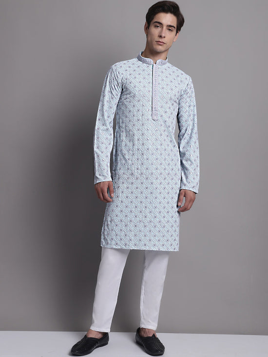 Men's Blue Chikankari Embroidered and Sequence Kurta with Pyjama.-JOKP-P-5001Blue