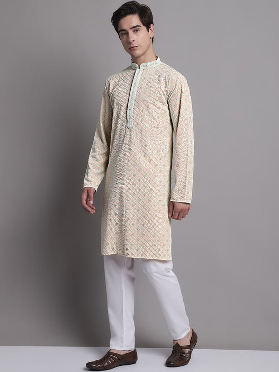 Men's Peach Chikankari Embroidered and Sequence Kurta with Pyjama.-JOKP-P-5001Peach