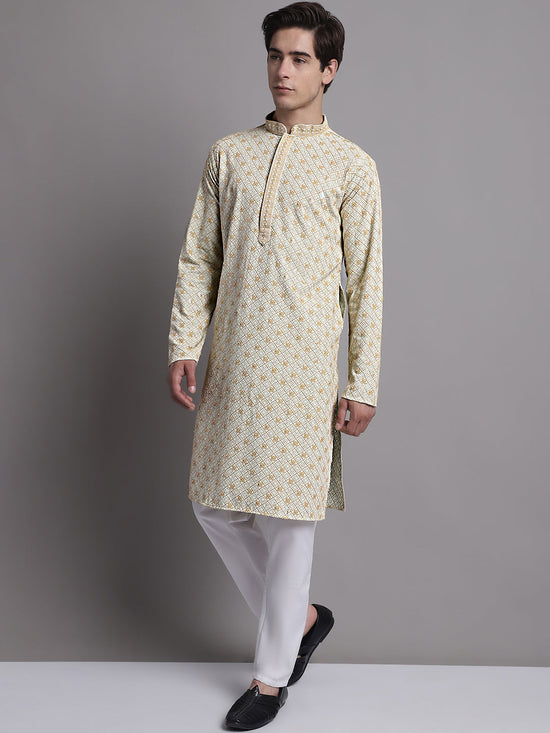 Men's Light Green Chikankari Embroidered and Sequence Kurta with Pyjama.-JOKP-P-5001Pista