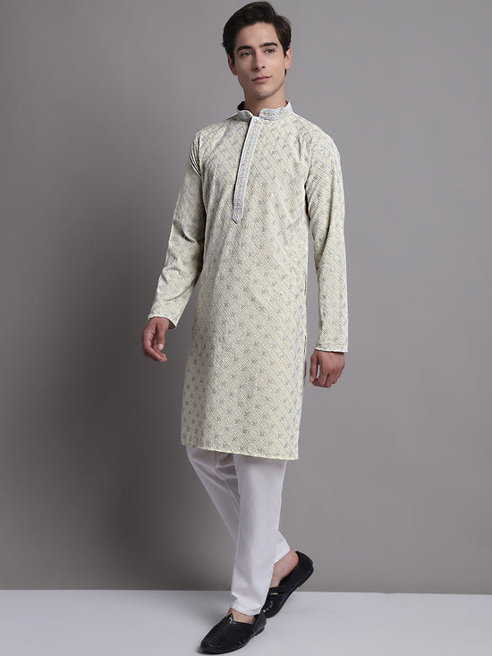 Men's Yellow Chikankari Embroidered and Sequence Kurta with Pyjama.-JOKP-P-5001Yellow