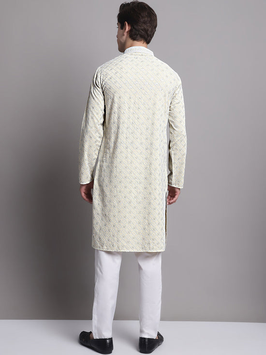 Men's Yellow Chikankari Embroidered and Sequence Kurta with Pyjama.-JOKP-P-5001Yellow