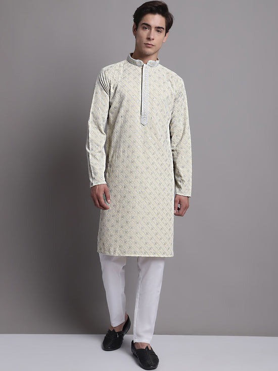 Men's Yellow Chikankari Embroidered and Sequence Kurta with Pyjama.-JOKP-P-5001Yellow