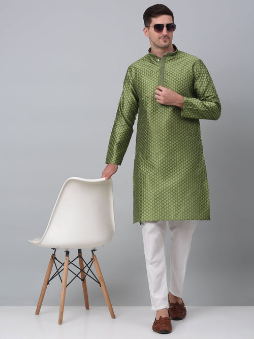 Men's Olive Green Collar Embroidered Kurta with Pyjama.-JOKP-P-5002Olive