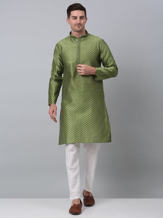 Men's Olive Green Collar Embroidered Kurta with Pyjama.-JOKP-P-5002Olive