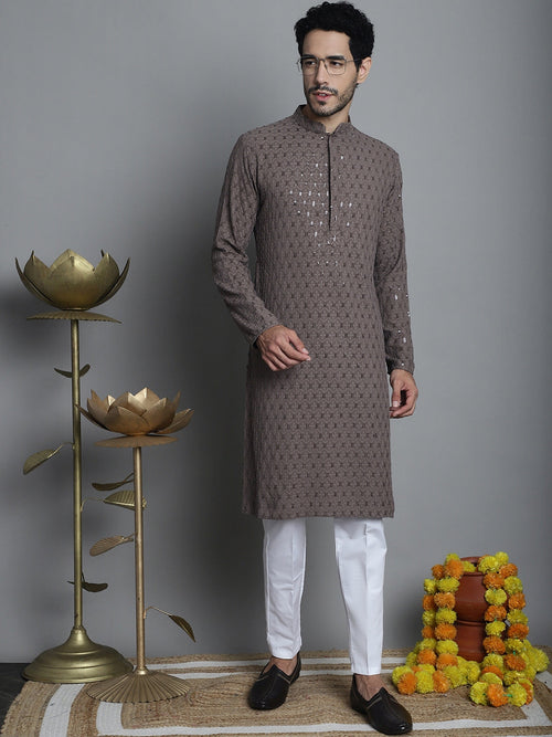 Men's Chikankari Embroidered and Sequence Kurta with Pyjama.-JOKP-P-5010Brown