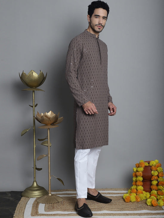 Men's Chikankari Embroidered and Sequence Kurta with Pyjama.-JOKP-P-5010Brown