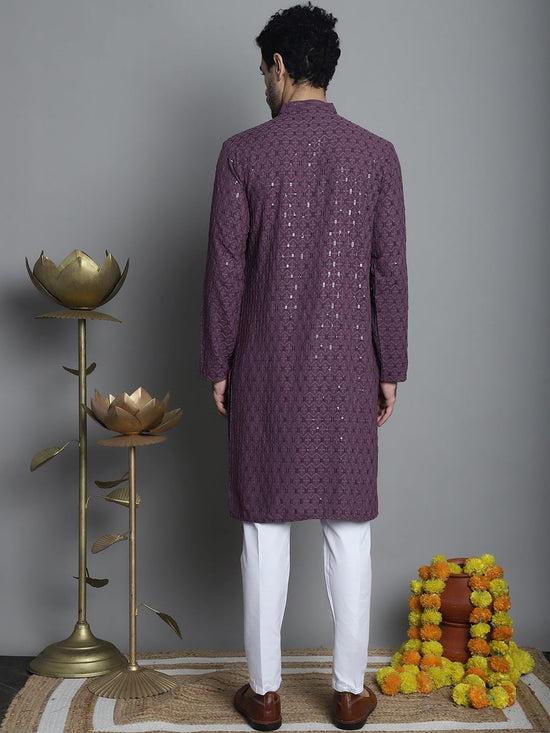 Men's Chikankari Embroidered and Sequence Kurta with Pyjama.-JOKP-P-5010Purple