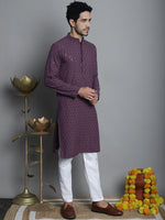 Men's Chikankari Embroidered and Sequence Kurta with Pyjama.-JOKP-P-5010Purple