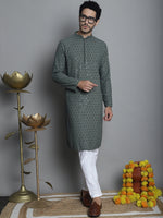 Men's Chikankari Embroidered and Sequence Kurta with Pyjama.-JOKP-P-5010Sea-Green