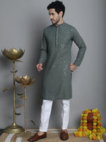 Men's Chikankari Embroidered and Sequence Kurta with Pyjama.-JOKP-P-5010Sea-Green