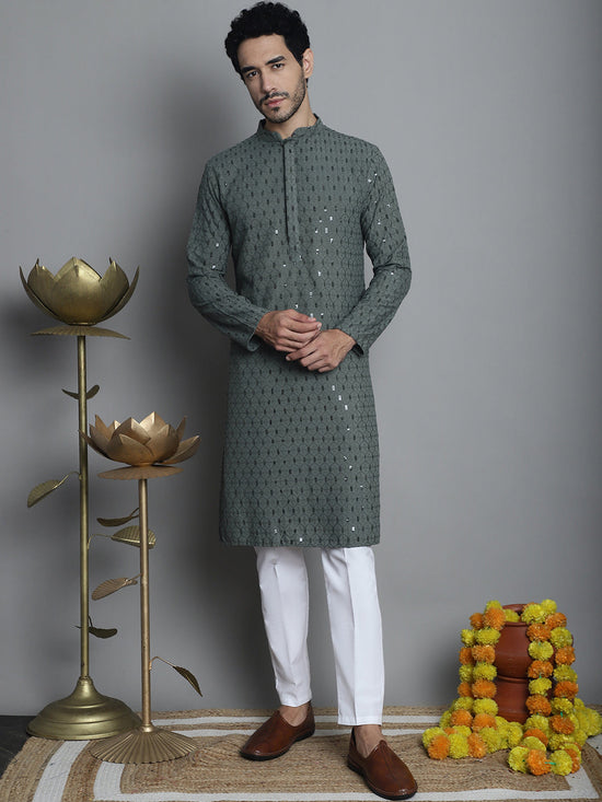 Men's Chikankari Embroidered and Sequence Kurta with Pyjama.-JOKP-P-5010Sea-Green