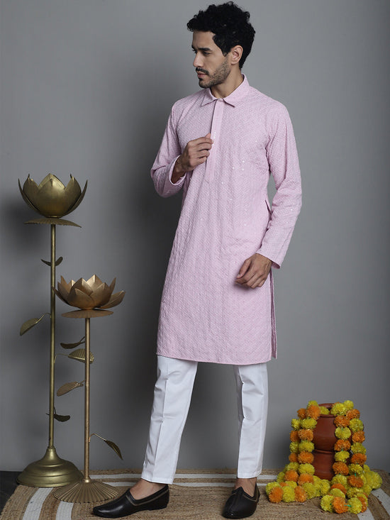 Men's Chikankari Embroidered and Sequence Kurta with Pyjama.-JOKP-P-5011Magenta