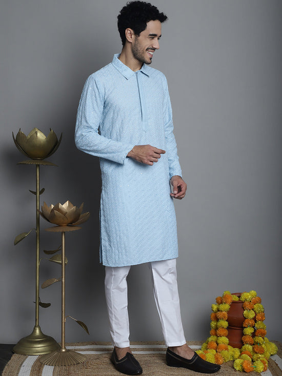 Men's Chikankari Embroidered and Sequence Kurta with Pyjama.-JOKP-P-5011Sky