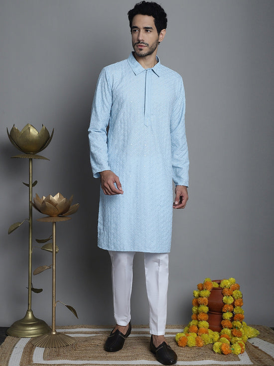 Men's Chikankari Embroidered and Sequence Kurta with Pyjama.-JOKP-P-5011Sky