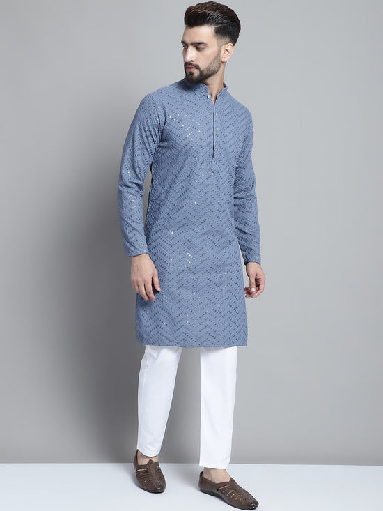 Men Grey Embroidered Sequinned Kurta with Pyjama-JOKP-P-680Grey