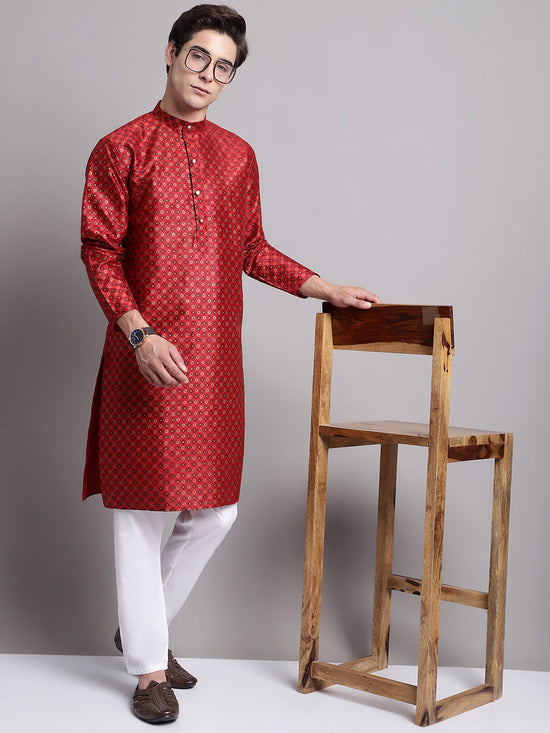 Men's Maroon Printed Silk Blend Kurta Payjama-JOKP-P-686Maroon