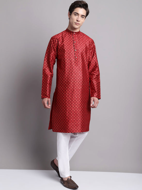 Men's Maroon Printed Silk Blend Kurta Payjama-JOKP-P-686Maroon