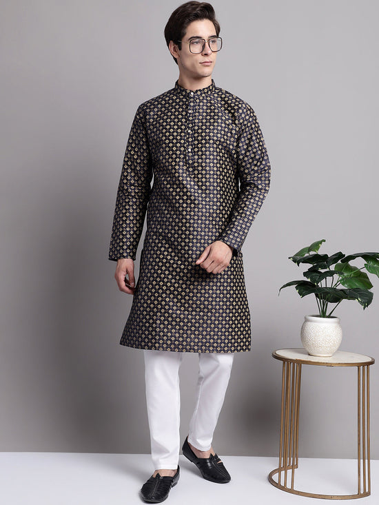 Men's Navy Blue Printed Silk Blend Kurta Payjama-JOKP-P-686Navy