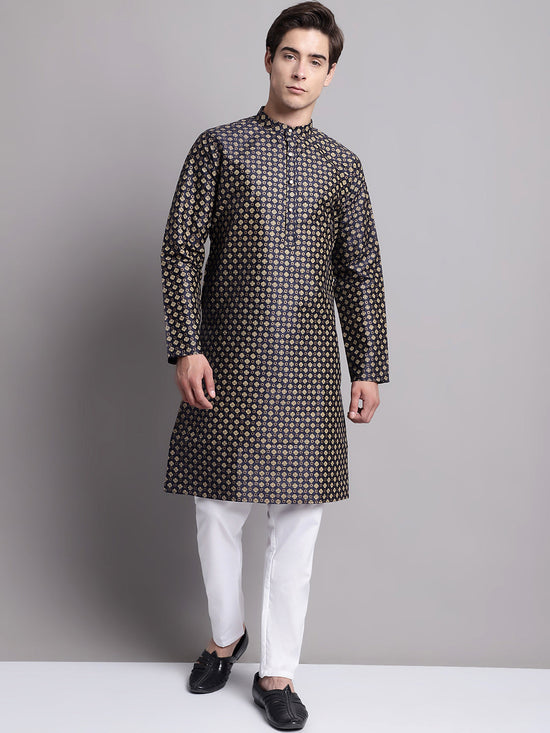 Men's Navy Blue Printed Silk Blend Kurta Payjama-JOKP-P-686Navy