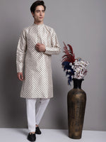 Men's Grey Printed Silk Blend Kurta Payjama-JOKP-P-686White