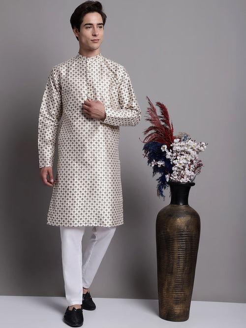 Men's Grey Printed Silk Blend Kurta Payjama-JOKP-P-686White