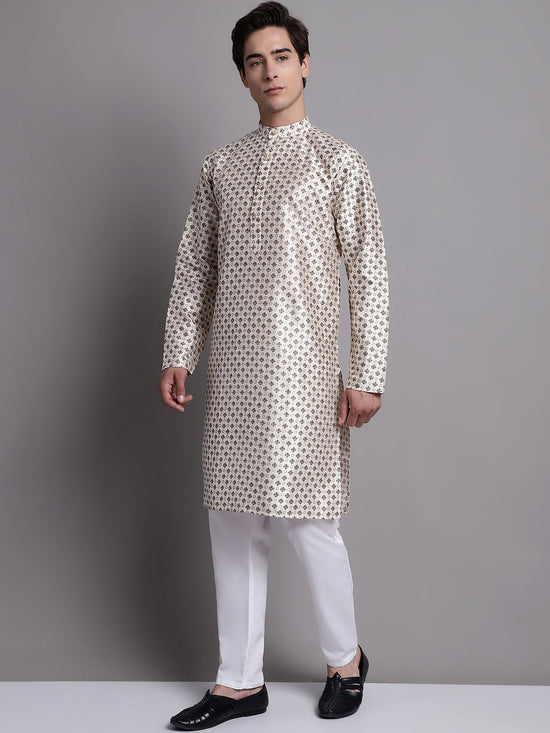 Men's Grey Printed Silk Blend Kurta Payjama-JOKP-P-686White