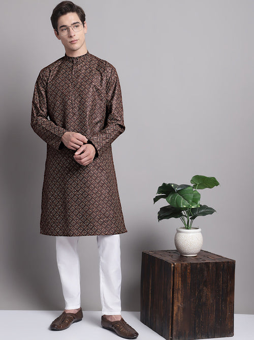 Men's Coffee Brown Printed Pure Cotton Kurta Payjama Set-JOKP-P-687Coffee