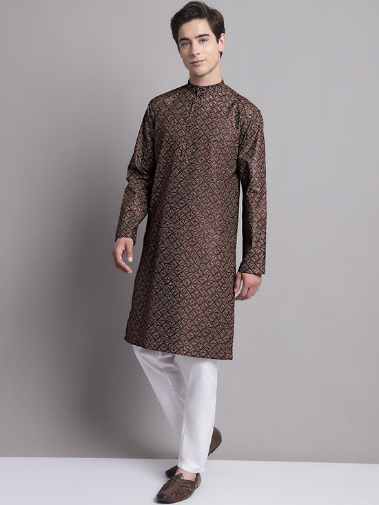 Men's Coffee Brown Printed Pure Cotton Kurta Payjama Set-JOKP-P-687Coffee