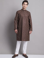 Men's Coffee Brown Printed Pure Cotton Kurta Payjama Set-JOKP-P-687Coffee