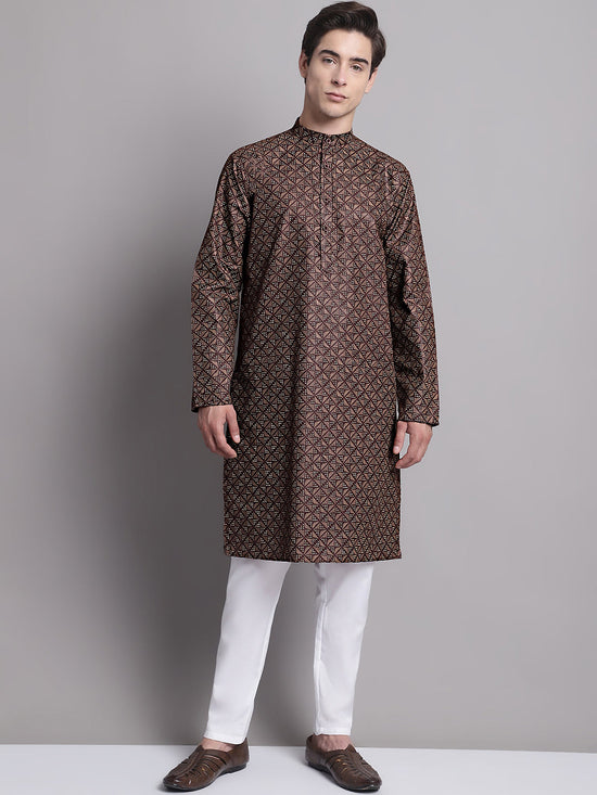 Men's Coffee Brown Printed Pure Cotton Kurta Payjama Set-JOKP-P-687Coffee