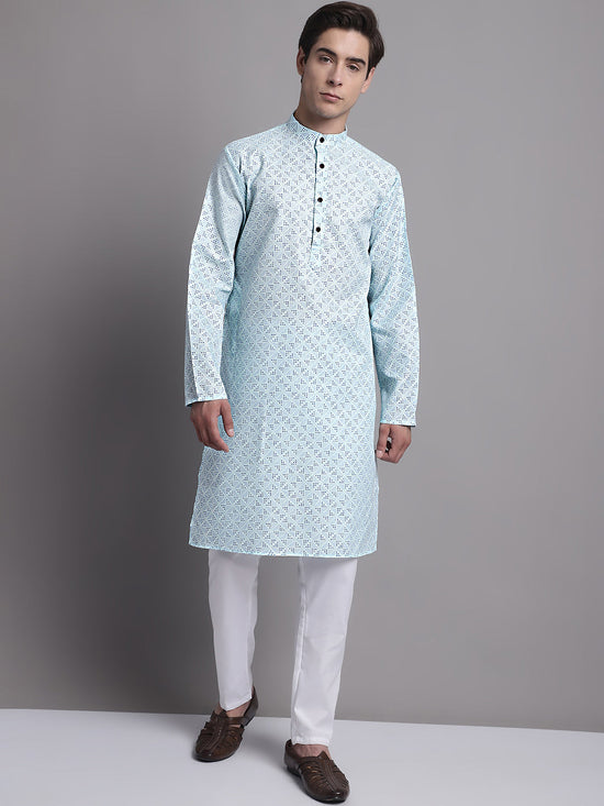 Men's Sky Blue Printed Pure Cotton Kurta Payjama Set-JOKP-P-687Sky